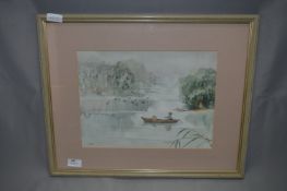 Framed Oriental Watercolour Depicting A Fisherman on Lake Signed Hoe