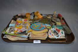 Tray containing Dinky Cars, Wade, Beer Mats, Postcards, Napkin Rings etc