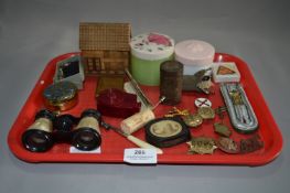 Tray containing Military Badges, Opera Glasses, Cuff Links, Badges, Hat Pins etc