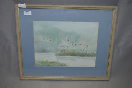 Framed Watercolour Depicting Geese Flying Over Lake Signed Hoe