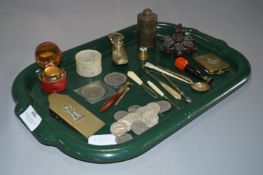 Tray containing Collectables including Chinese Bronze, Coins, Inkwell, etc