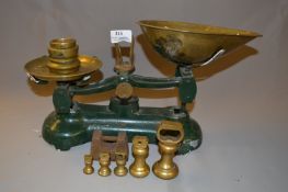 Set of Cast Iron Scales with Brass Pans & Weights