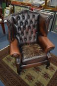 Brown Leather Highback Winged Armchair