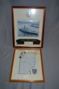 Framed Photo, Cap Sash & Framed Document Relating to HMS Iron Duke