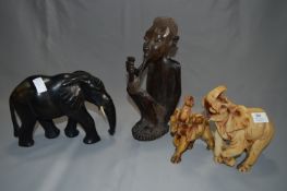 African Carved Ebony Figurine of an Elephant & 2 other Elephants