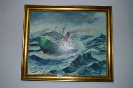 Oil Painting on Board - Bassano Hull Ship in Storm by TJ Cain