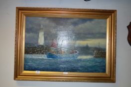 Framed Oil on Canvass Jack Rigg Depicting A Fishing Boat Entering Harbour