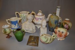 Lusterware Teapot, Jugs, Vases, Brass Plaque etc