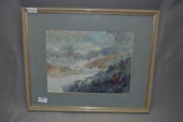 Framed Oriental Watercolour Depicting Birds Flying over Lake Signed Hoe