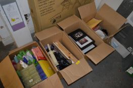 *Four Boxes of Assorted Hairdressers and Beauticians Equipment, Salon Pictures, etc.