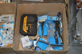 *Box of Assorted JCB and Macallister Tools; Sockets, Tape Measures, Rivet Guns, etc.