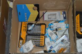 *Box of Assorted JCB and Macallister Tools; Drill Bits, Hole Saws, TCT Saws, etc.