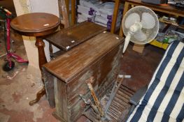Two Tier Oak Trolley, Drop Leaf Table, Wrought Iron Fire Basket, Plant Pedestal and a Pedestal Fan