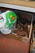 Box Containing Axle Stands, Tape Measures, Vintage Tools, etc.