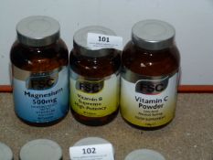 *1 x 90 Capsules of FSC Magnesium, 1 x 60 FSC Vitamin B & 1 x 150g of Vitamin C Powder