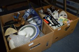 Two Boxes; Ornaments, Dinnerware, Telephone, Video Player, etc.