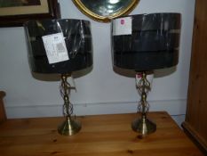*Pair of Polished Brass Table Lamps with Black Shades