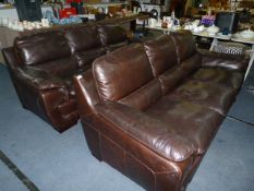 *Pair of Leonardo Brown Leather Three Seat Sofas