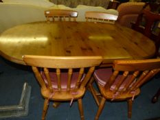 Pine D-End Drop Leaf Dining Table and Four Stickback Dining Chairs
