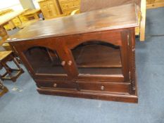 Stained Pine Side Cabinet with Glazed Doors