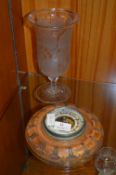 Engraved Glass Vase and Small Oak Barometer