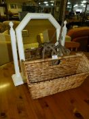 White Painted Mirror, Wicker Magazine Rack and a Carpet Beater