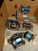 Box Containing Five Vintage Boat Fishing Reels Including Penn Fishing Reel