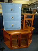 Teak TV Unit, Magazine Table and a Three Drawer Blue Upholstered Side Cabinet