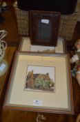 Two Framed Needlework Pictures and a Leather Photo Frame