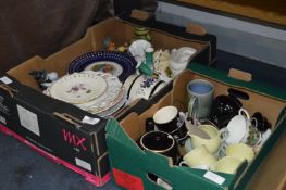 Two Boxes of Pottery; Decorative Wall Plates, Ornaments, Part Tea Set, etc.