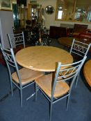 Circular Beech Topped Dining Table on Wrought Metal Base with Four Chairs