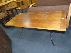 Rectangular Coffee Table with Oak Top and Wrought Metal Base