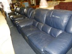 Blue Leather Three Piece Suite; Three Seat and Two Seat Sofas and an Armchair