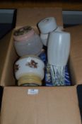 Box Containing Various Glass Ceiling Light Shades, Crystal Glass Vase and Sundae Dishes