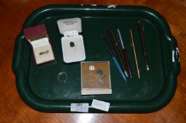 Tray Lot; Silver Ring, Jade Pendent, Pin Badges and Pens