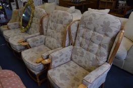 Beech Framed Floral Upholstered Highback Suite; Two Seat Sofa and a Two Armchairs