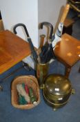 Brass Effect Coal Bucket, Stick Stand, Umbrellas and a Wicker Basket