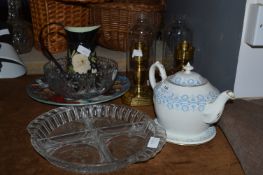 Brass Candlesticks, Blue & White Teapot, Glassware, Decorative Plate, Jug, etc.