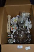 Box Containing Cake Stand, Part Tea Set, Artificial Flowers, Glass Vase, etc.