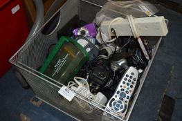 Wire Mesh Basket Containing Cameras, Adapters, Mobile Phones, Battery Charger, etc.
