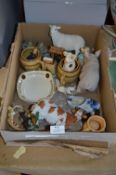 Box Lot of Ornaments; Pigs, Wade Ashtrays, etc.