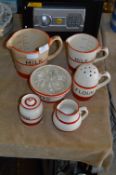 1950's Red & White Pottery Kitchen Ware, Jugs, Jars, Flour Sifter, etc.
