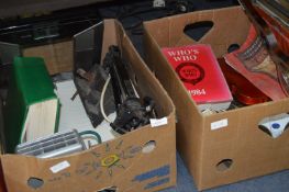 Two Boxes Containing Cine Projector, Who's Who Book 1984, Tripod, Violin, etc.