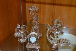 Collection of Four Glass Ornaments and a Glass Clock