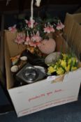 Box with Metamec Clock, Decorative Plates, Ornaments, Artificial Flower, etc.