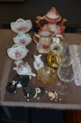 Anniversary Clock, Pottery Dishes, Decorative Teapot, Pony Figures, etc.