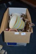 Box Containing Three Branch Candelabra, Rumtopf Jar, Hornsea Jardiniere, etc.