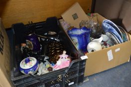 Two Boxes of Decorative Plates, Glassware, Ornaments etc