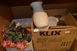 Two Boxes Containing Glassware and Pottery, Vases, Table Mats, Mixing Bowls, Mugs, etc.