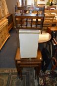 Mahogany Nest of Tables, Wicker Linen Basket and a Magazine Rack